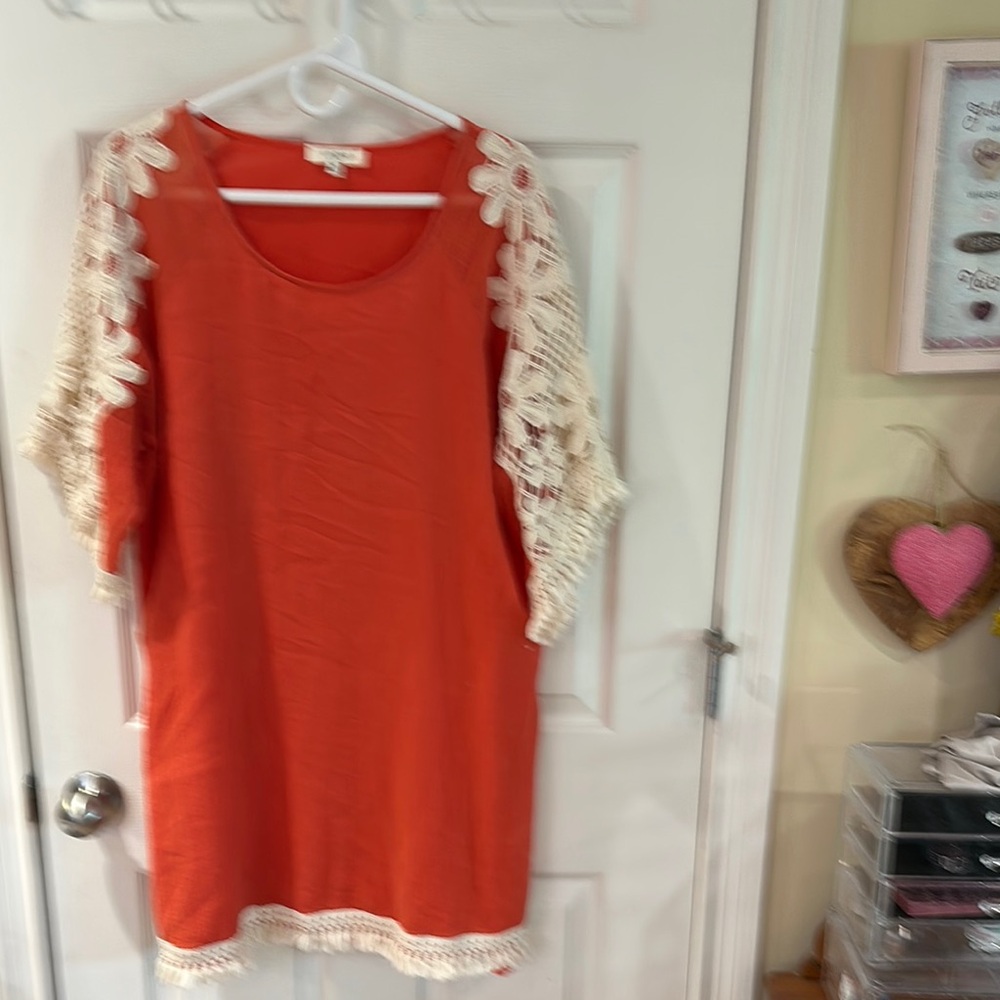 Umgee Orange Tunic/Dress with Lace Sleeves and trim